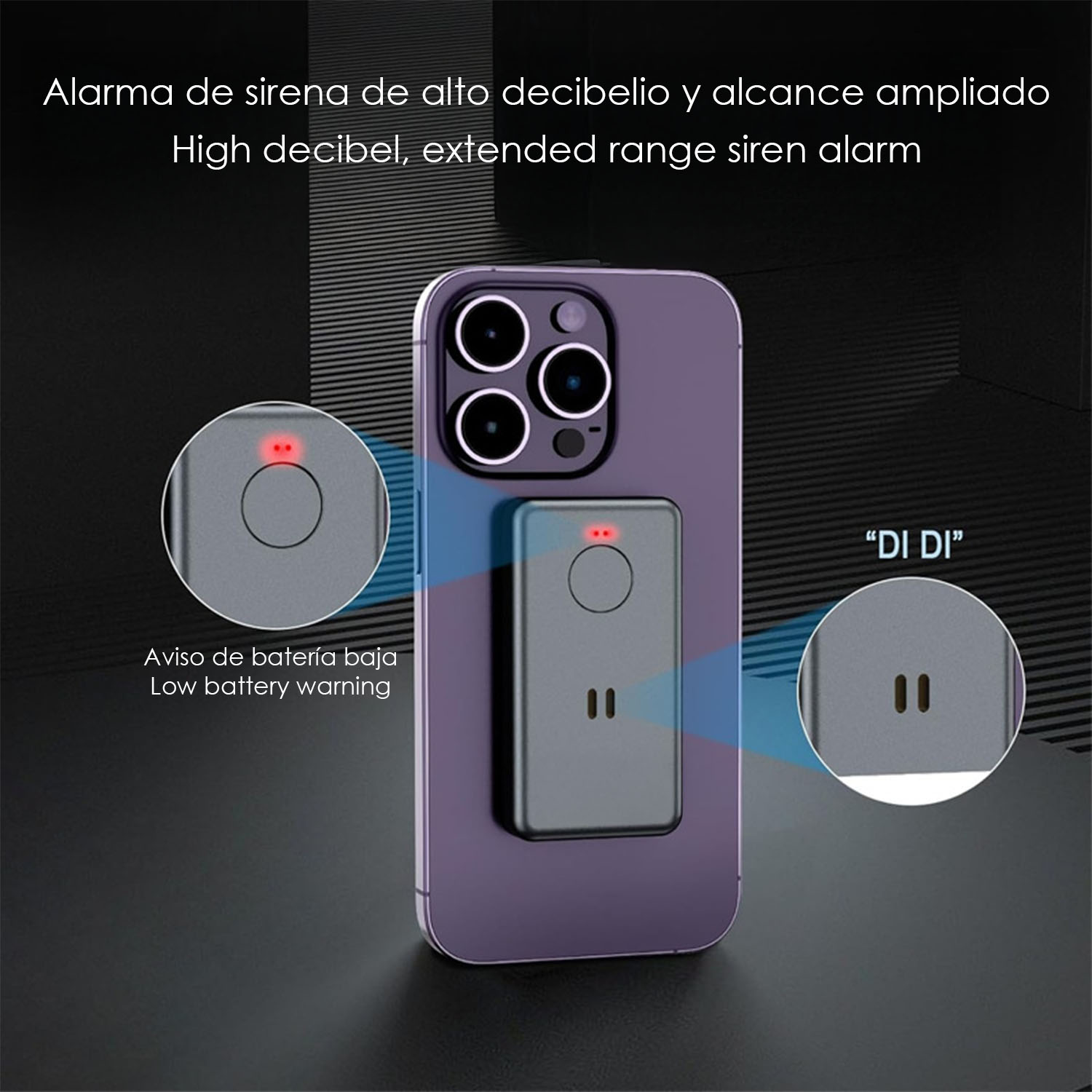 Un llavero de alarma gris con luz roja está unido a un teléfono morado.