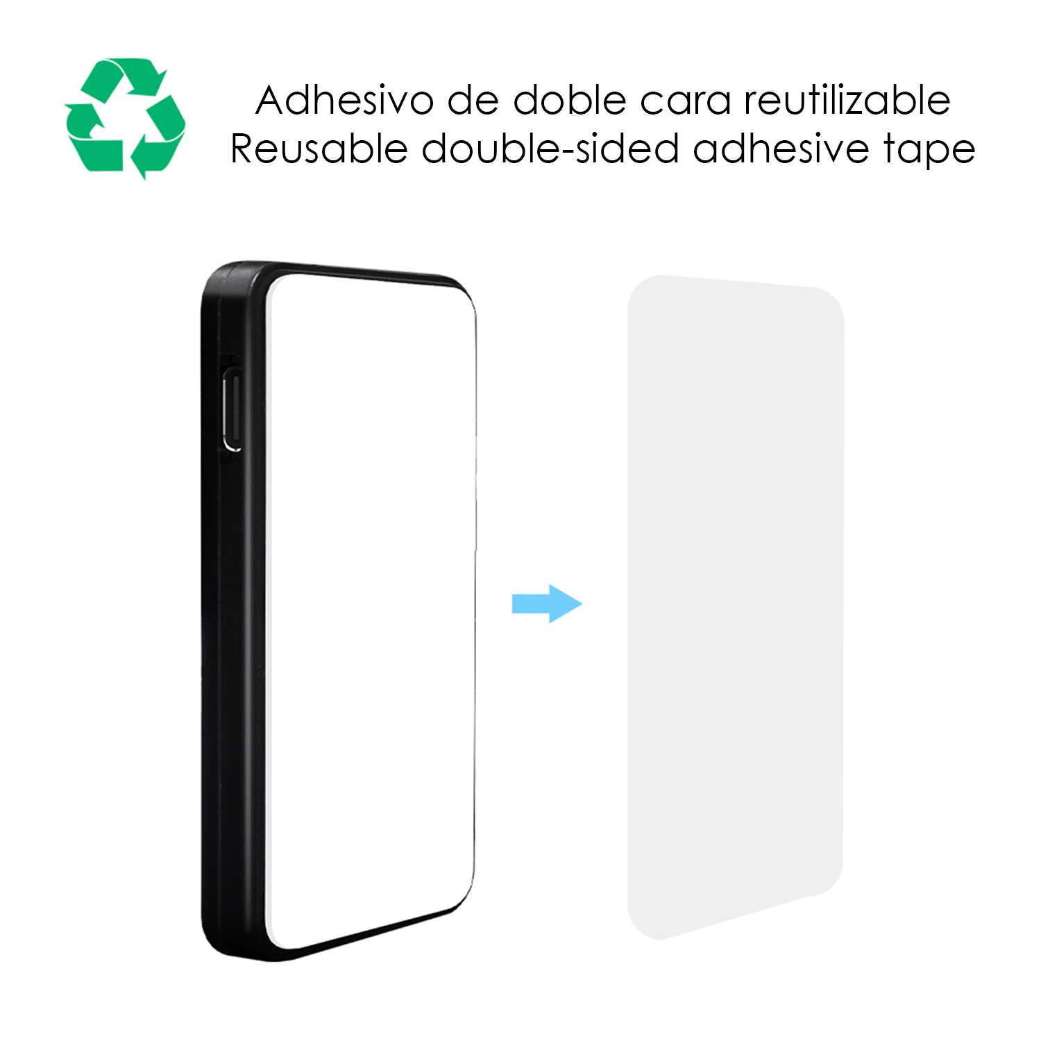 Símbolo de reciclaje verde, smartphone negro y cinta adhesiva.