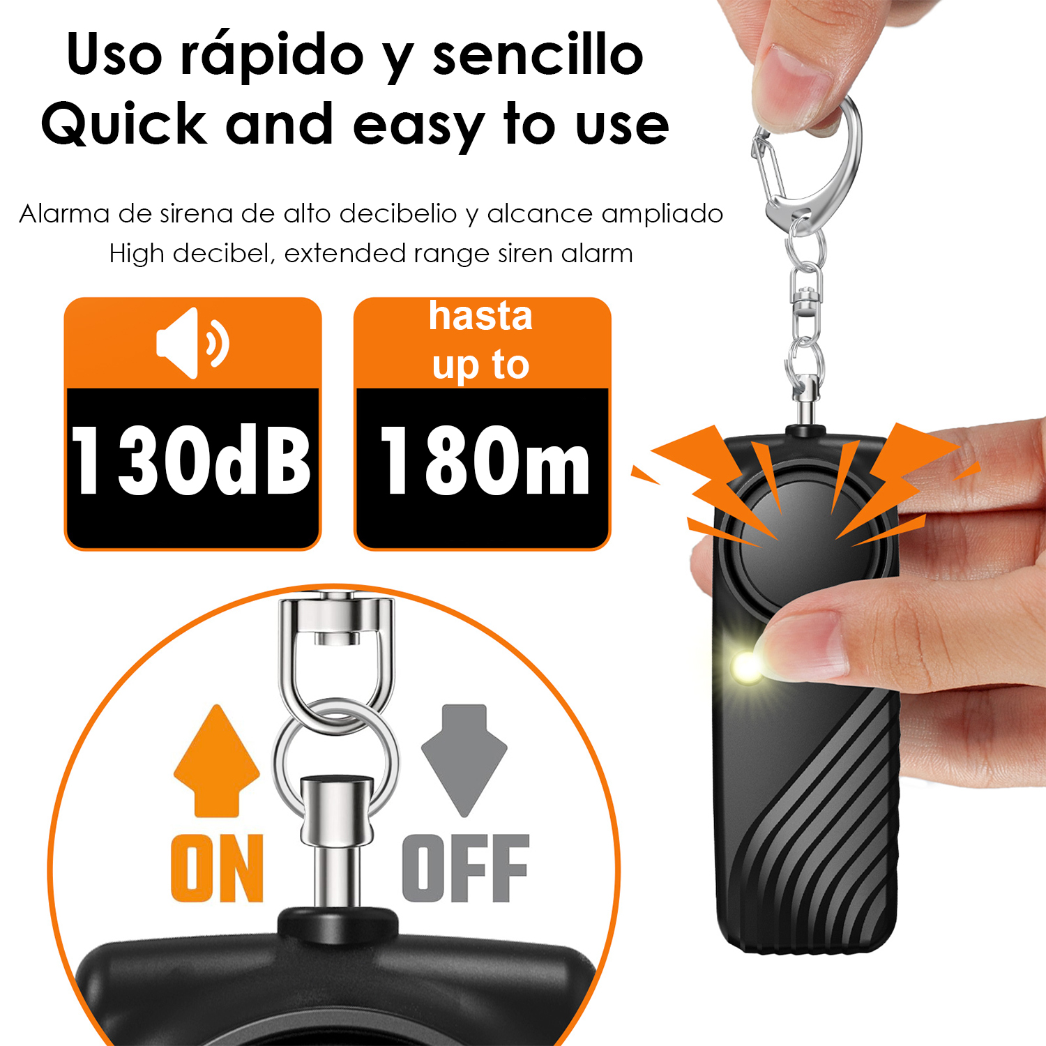 Una persona sostiene una alarma negra para llavero con rayos.