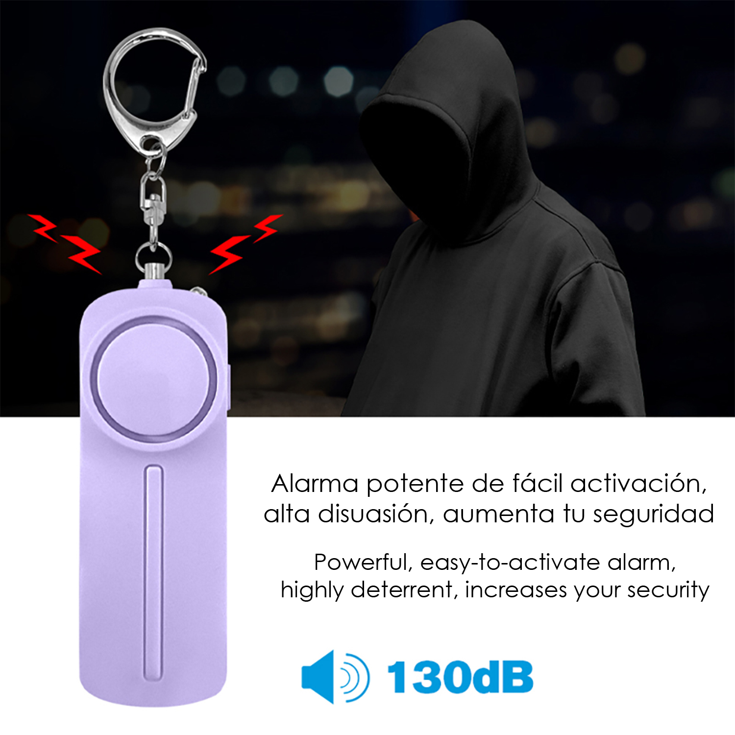 Una alarma morada en llavero con una amenazante figura de sudadera negra al fondo.