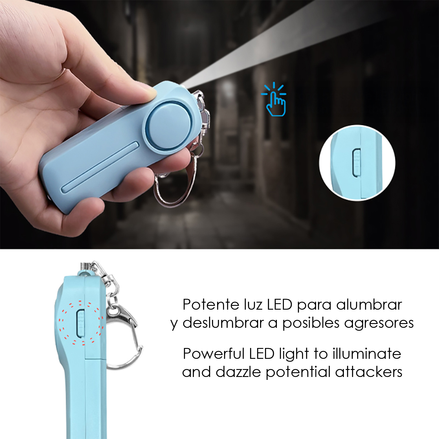 Un alarma personal azul claro con llavero se sostiene en una mano.