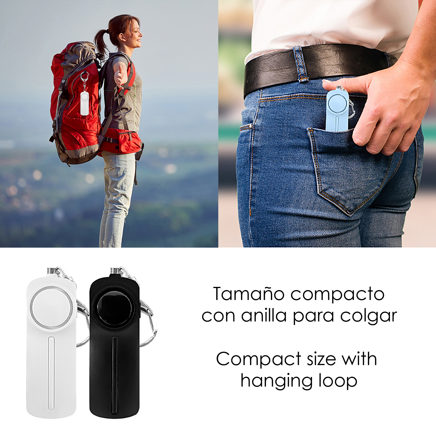 Una mujer con mochila y una alarma azul para el bolsillo.