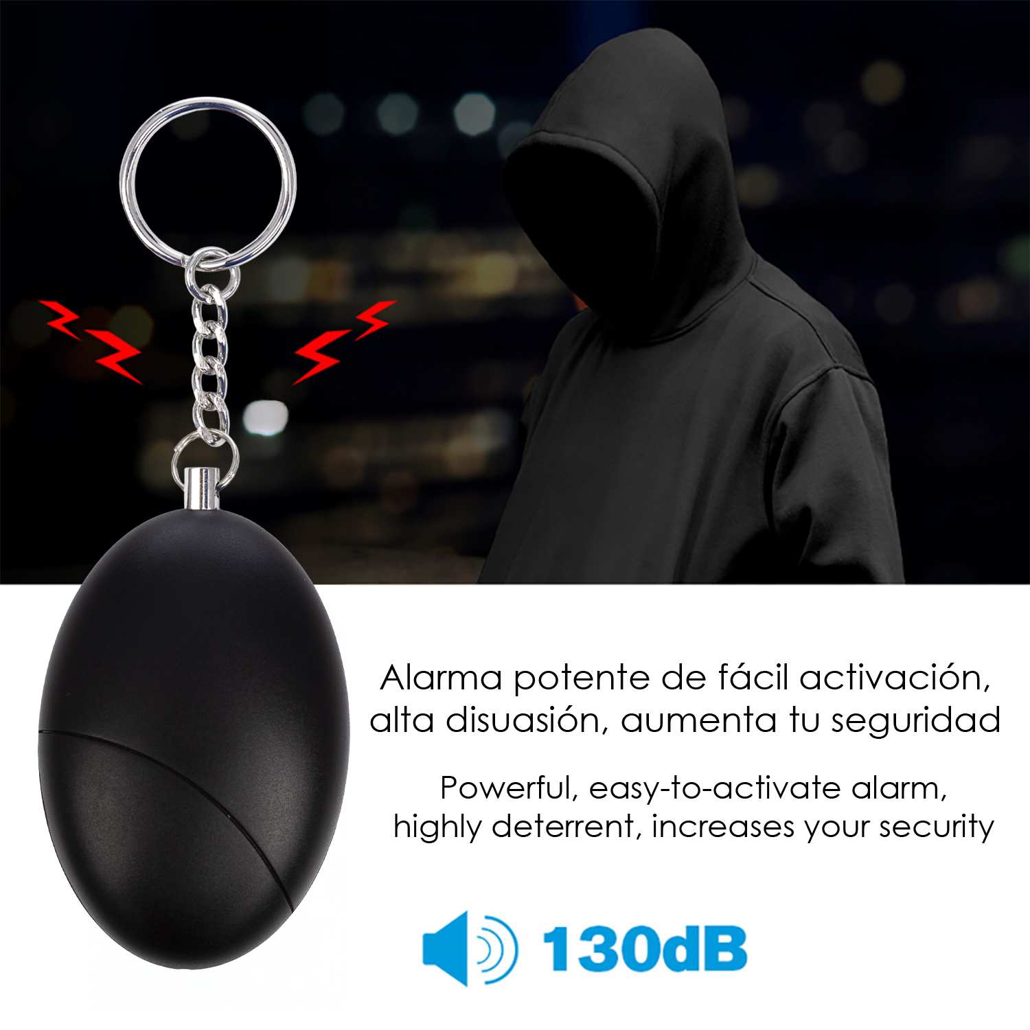 Alarma negra de llavero con anilla y símbolos de rayo rojos.
