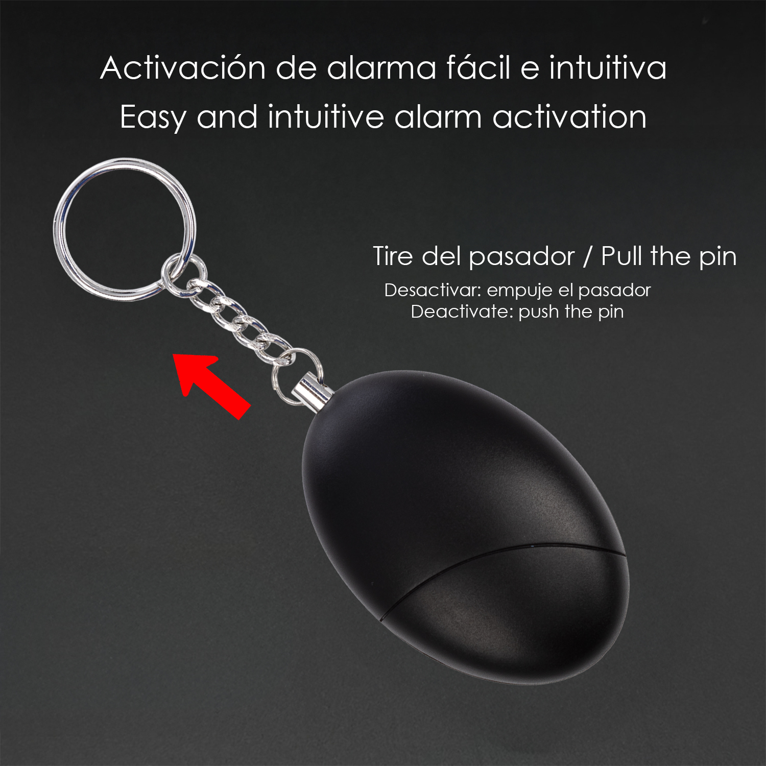 Llavero negro con dispositivo de alarma ovalado y flecha roja.