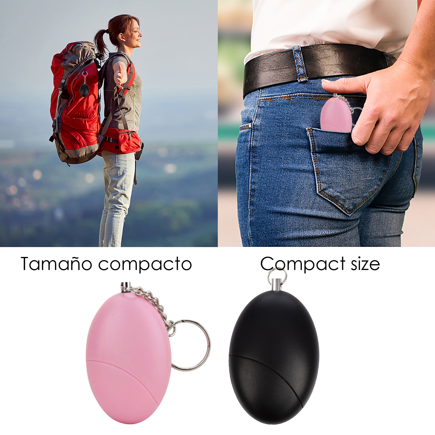 Una excursionista con mochila y un primer plano de una alarma personal en un bolsillo.
