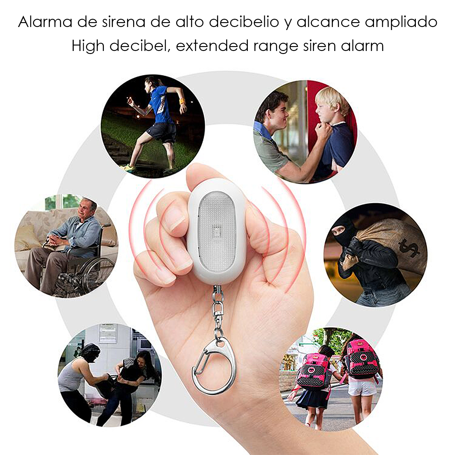 Mano sostiene llavero de alarma rodeado de escenas: corredor, discusión, ladrón, escolares, usuario silla ruedas.