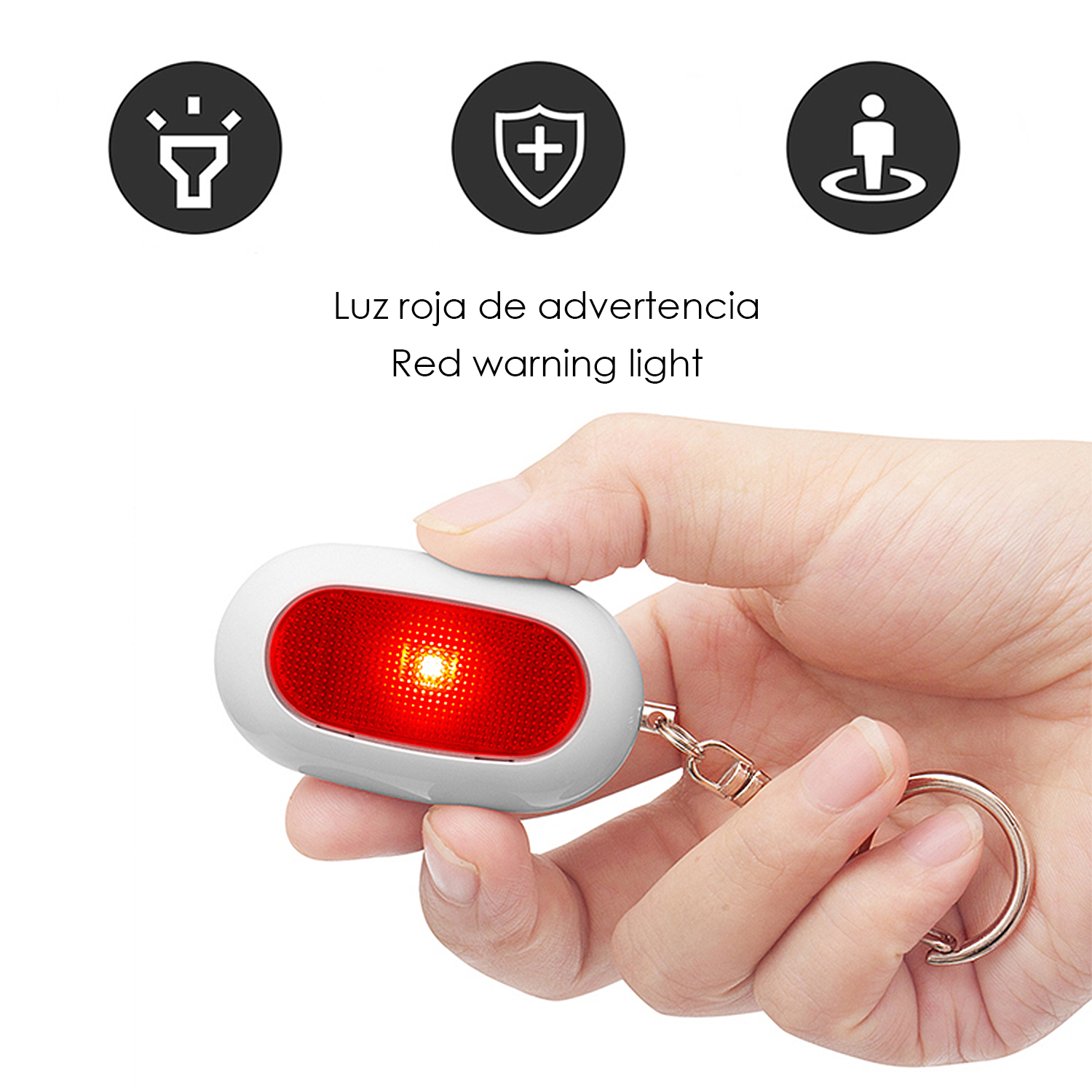 Una mano sostiene una luz ovalada blanca con luz roja intermitente y llavero.