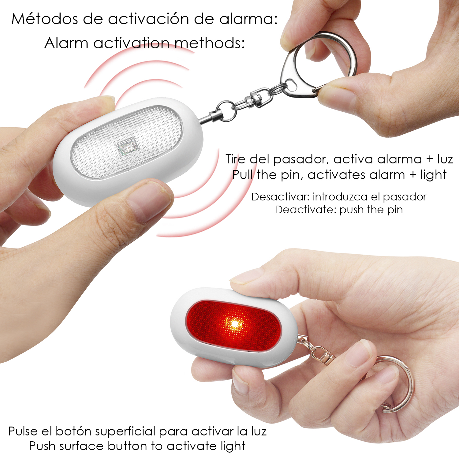 Dos manos muestran un llavero de alarma blanco. Uno saca el pin, el otro presiona un botón.