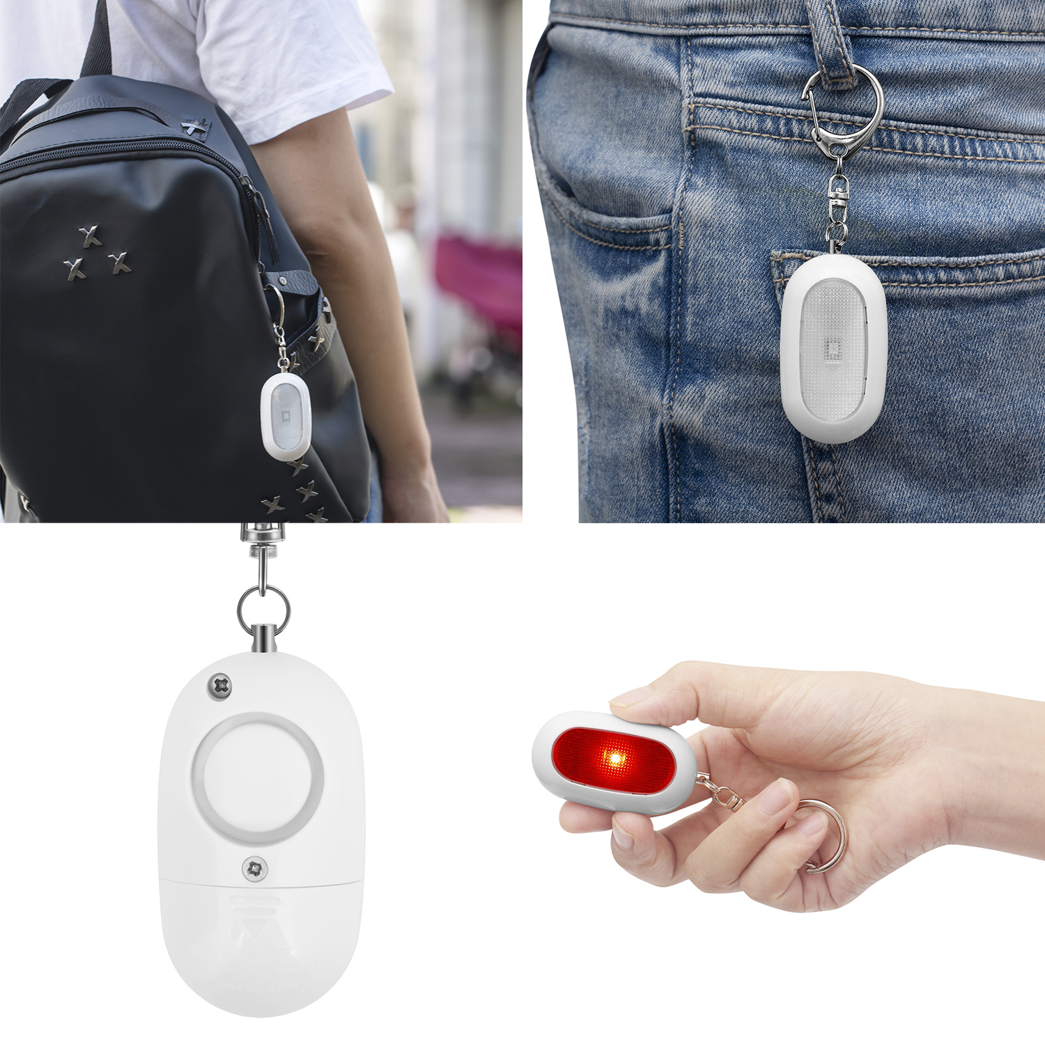 Alarma ovalada blanca con llavero, luz LED roja y detalle de hebilla.