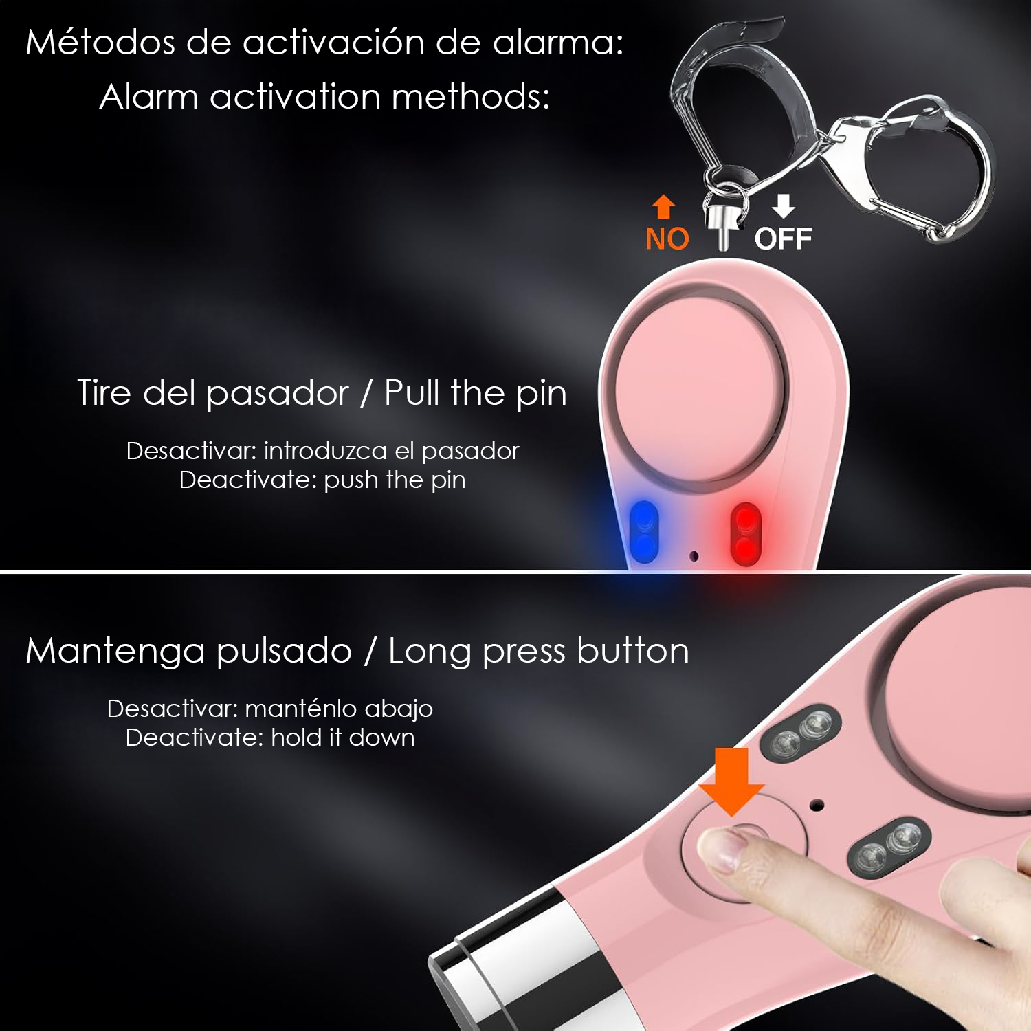 Dispositivo de alarma rosa con llavero. Activar extrayendo el pasador o pulsando el botón.