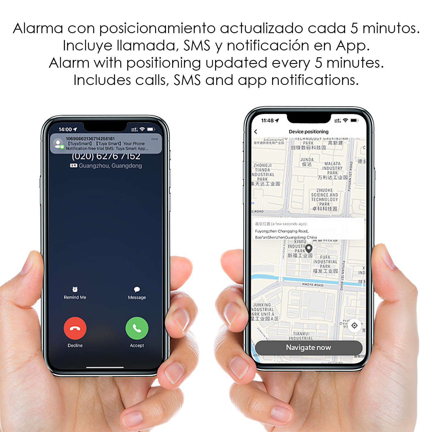 Dos manos sostienen smartphones. Uno muestra una llamada entrante, el otro un mapa.
