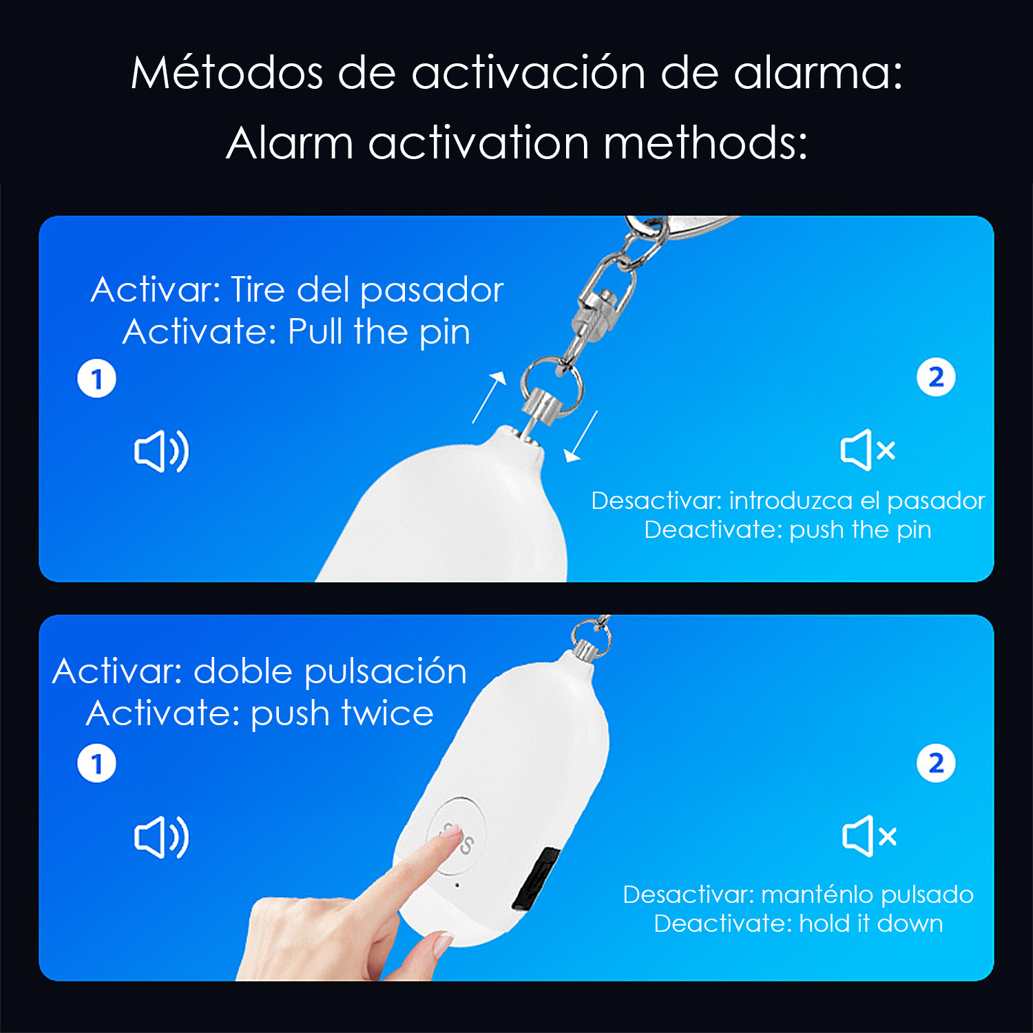 Activación alarma: tire del pasador para activar, introdúzcalo para desactivar.