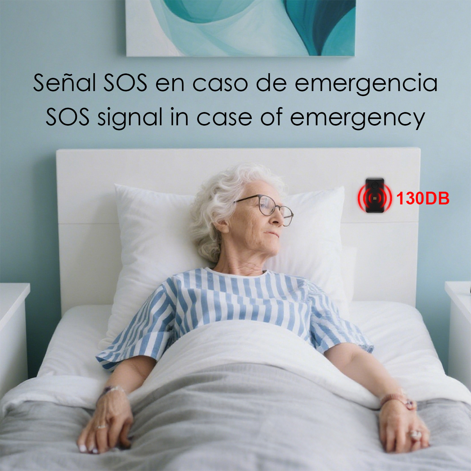 Mujer mayor en cama con dispositivo de señal SOS cerca.