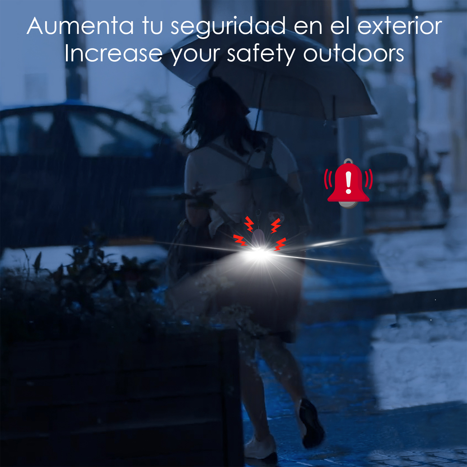 Persona con paraguas bajo la lluvia, con luz intermitente en la pierna e icono de alarma.
