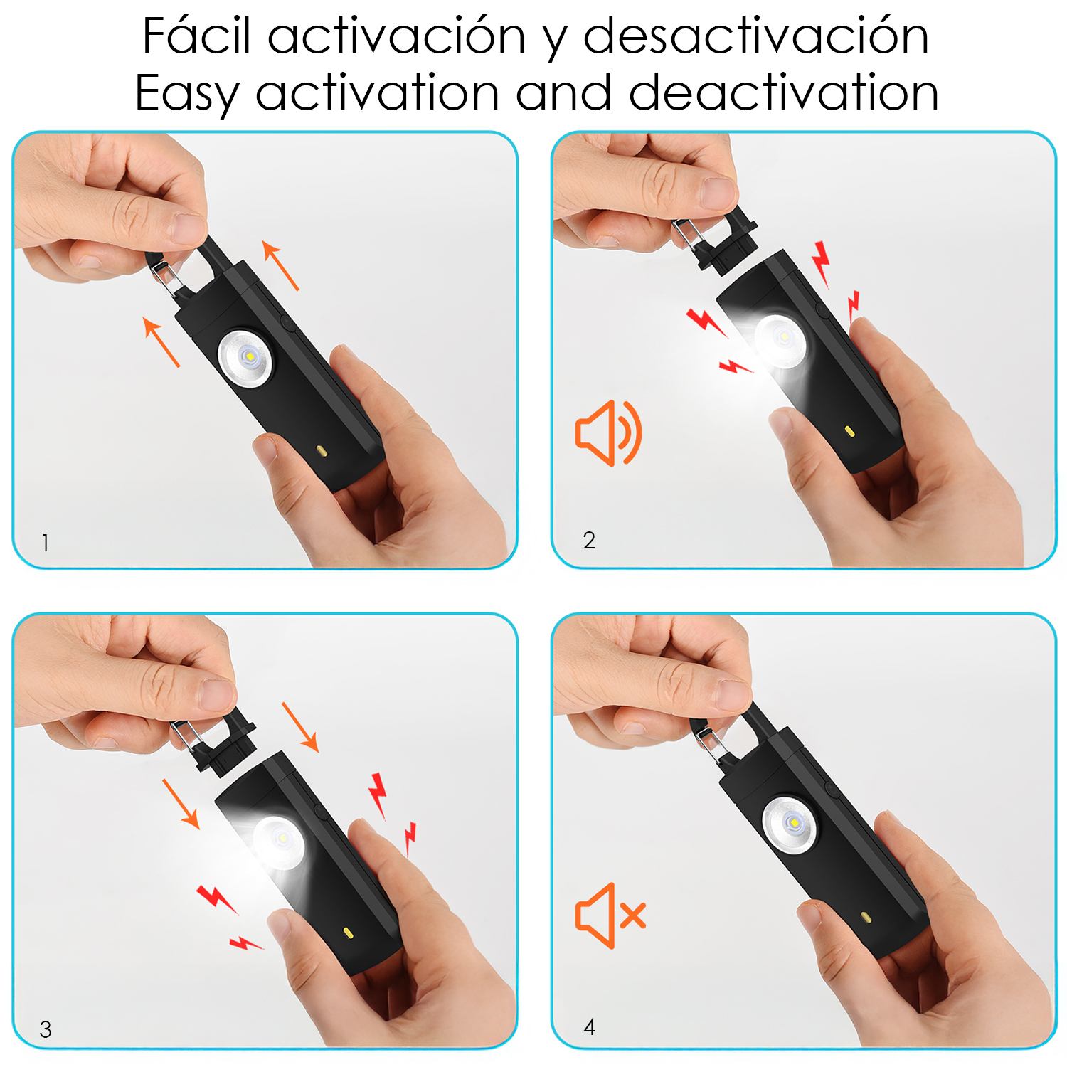 Llavero de alarma negro con luz y sonido sostenido por manos.