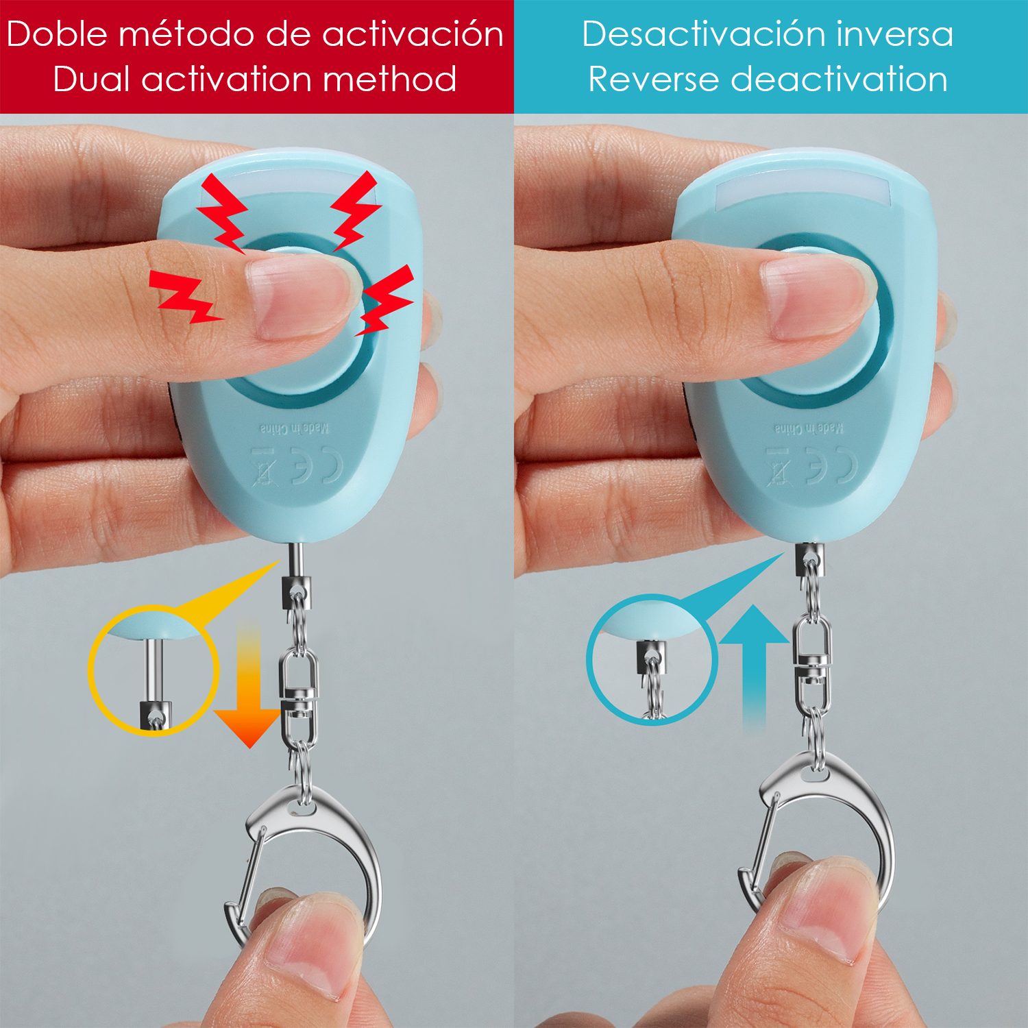 Dispositivos de llavero azules que muestran activación dual y desactivación inversa.
