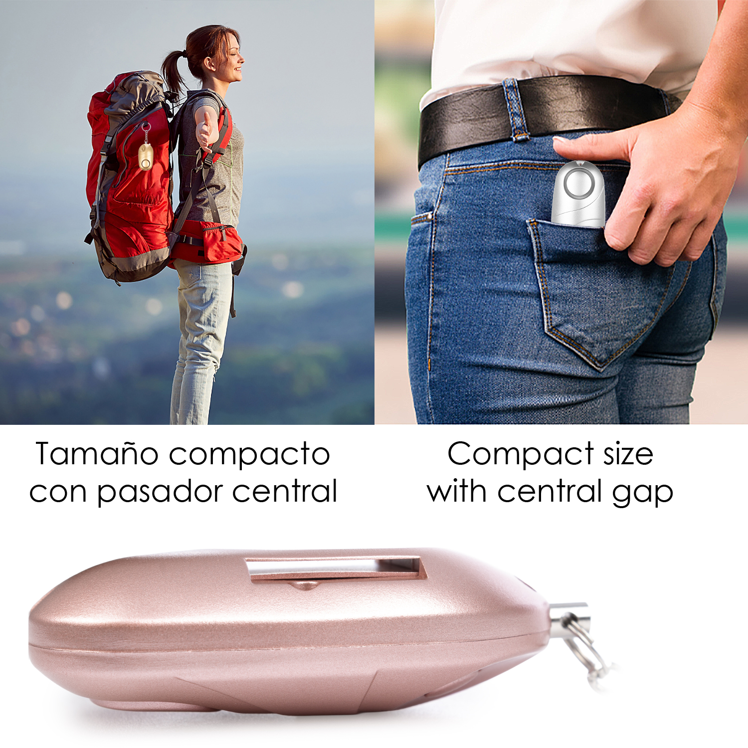 Mujer con mochila y un dispositivo pequeño en el bolsillo.