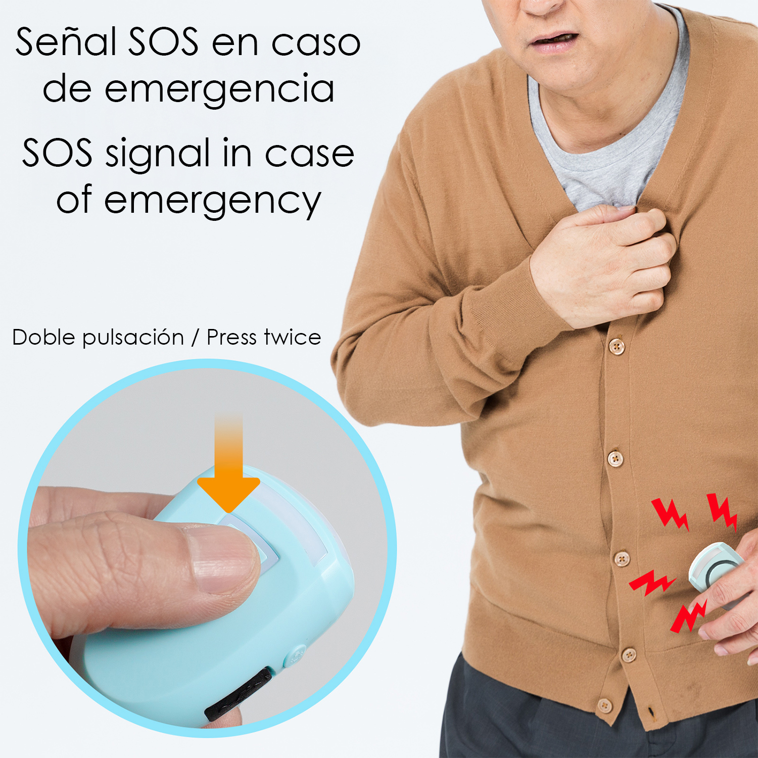 Hombre presiona un dispositivo SOS. Texto: Señal SOS en caso de emergencia.