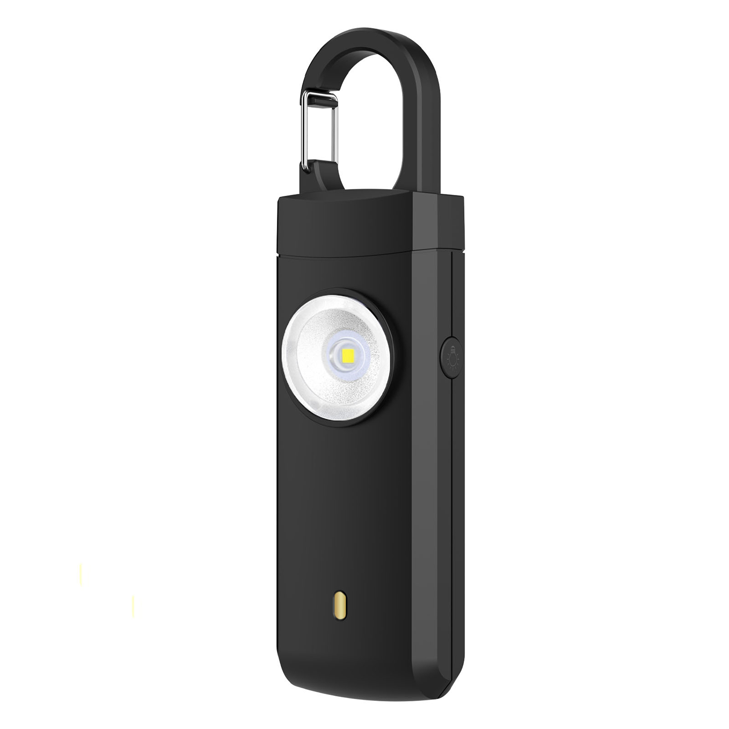 Llavero negro con luz LED y clip de mosquetón.
