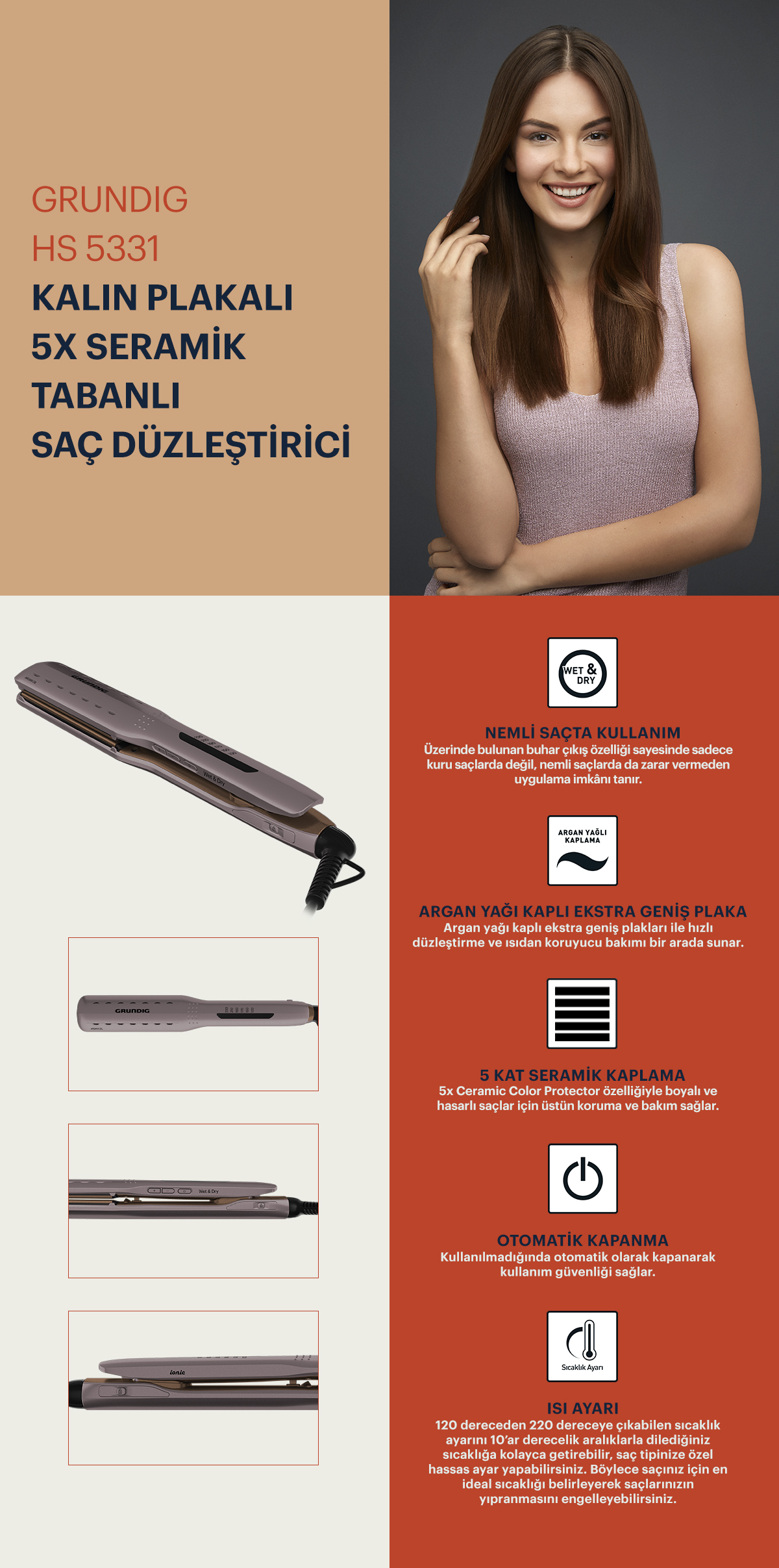 Grundig HS 5331 saç düzleştirici, geniş seramik plakalı, ıslak ve kuru kullanım.