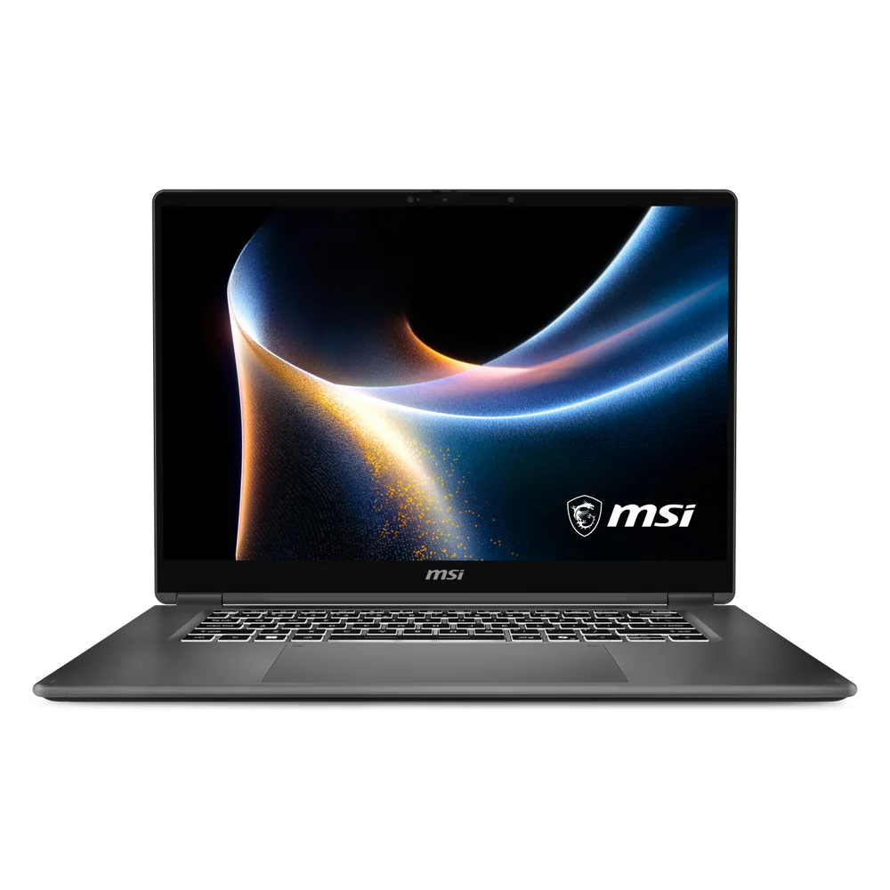 Işıklı klavyeli ve soyut duvar kağıtlı gri MSI dizüstü bilgisayar.