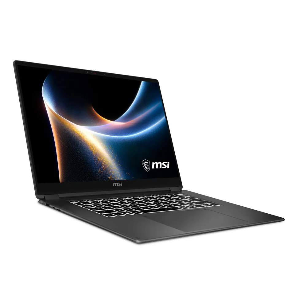 Ekranı aydınlatılmış kapalı MSI dizüstü bilgisayar, beyaz arka plan.