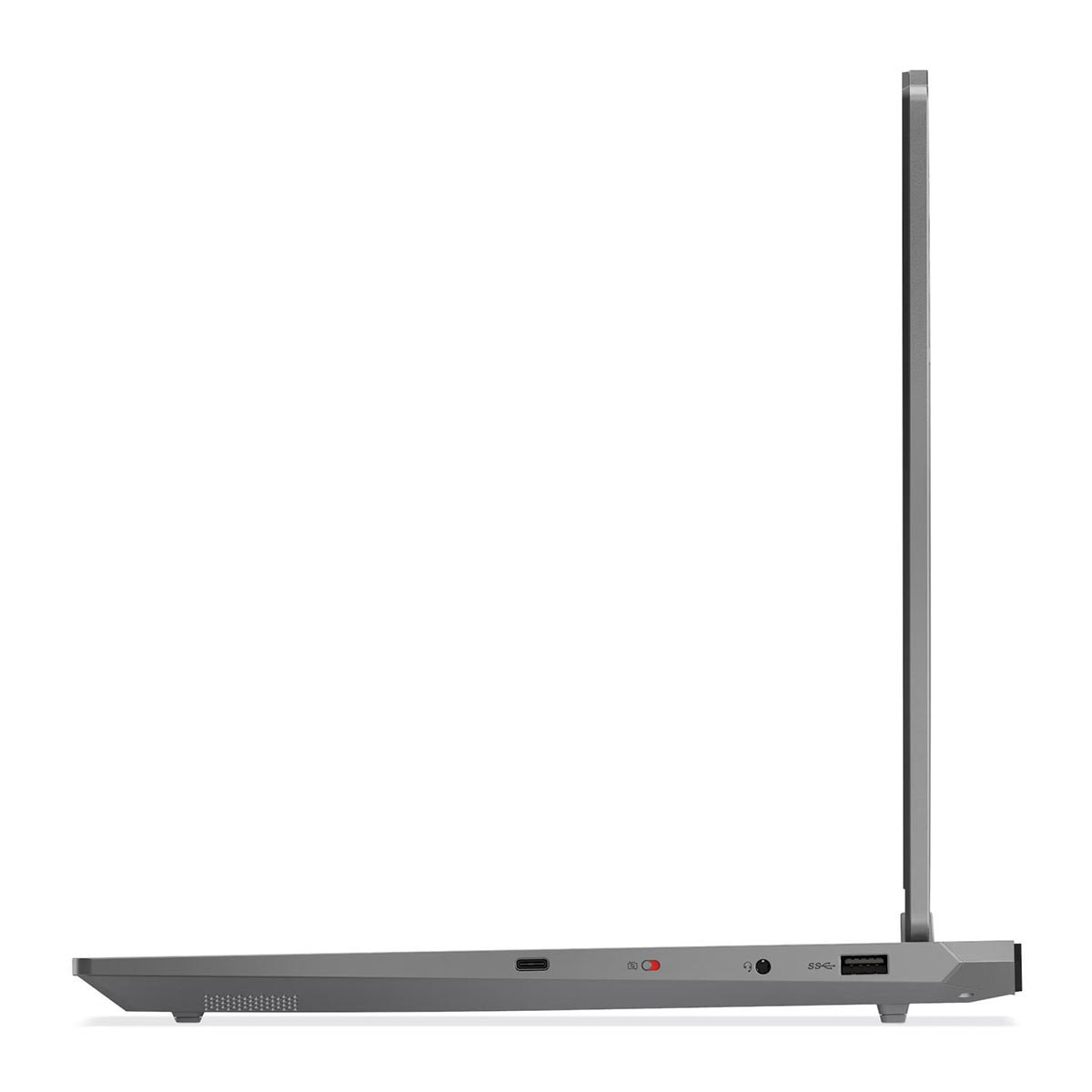 Gri laptop profili: USB-C, ses jakı, USB-A bağlantı noktaları.