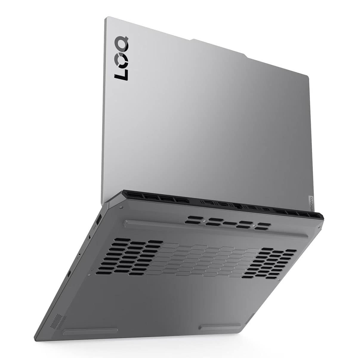 Gümüş Lenovo dizüstü bilgisayar, üstten görünüm logo ile. Alt taraf havalandırmalı.