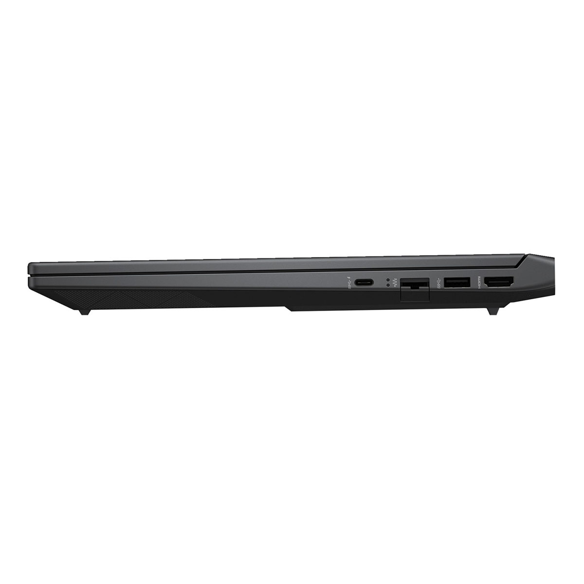 USB-C, USB-A ve HDMI bağlantı noktalarını gösteren siyah dizüstü bilgisayar.