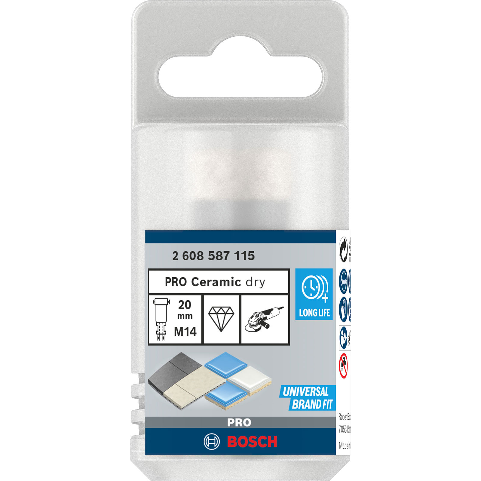 Bosch PRO Seramik kuru kesme diski, 20mm, M14, uzun ömürlü.