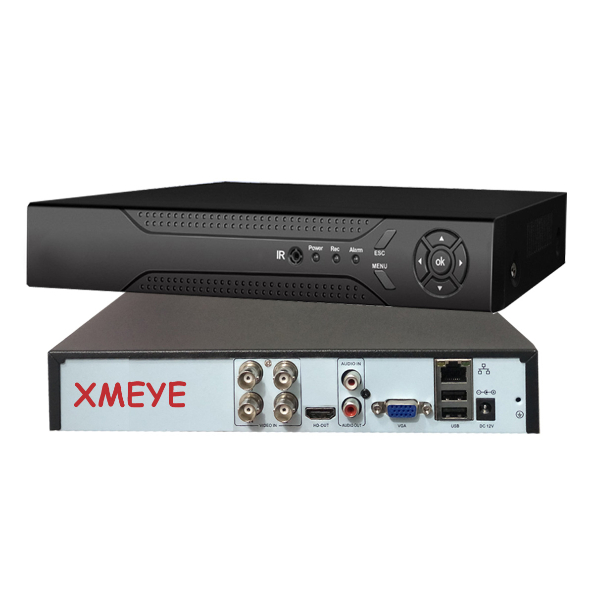 Üst üste dizilmiş iki siyah DVR. Üstte kontrol düğmeleri var. Altta XMEYE etiketli bağlantı noktaları var.