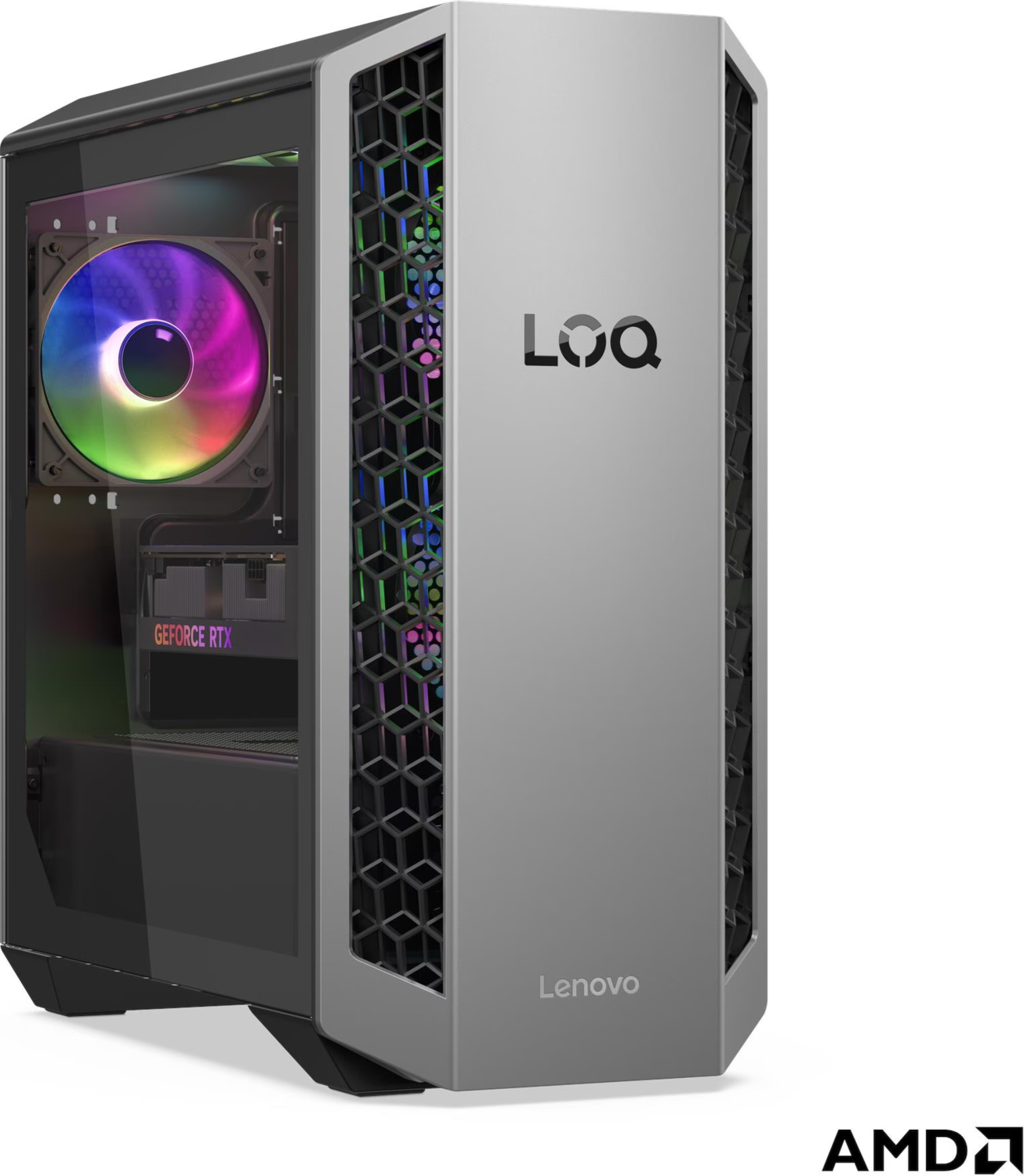 RGB fanlı ve GeForce RTX ekran kartlı gümüş Lenovo oyuncu bilgisayarı.