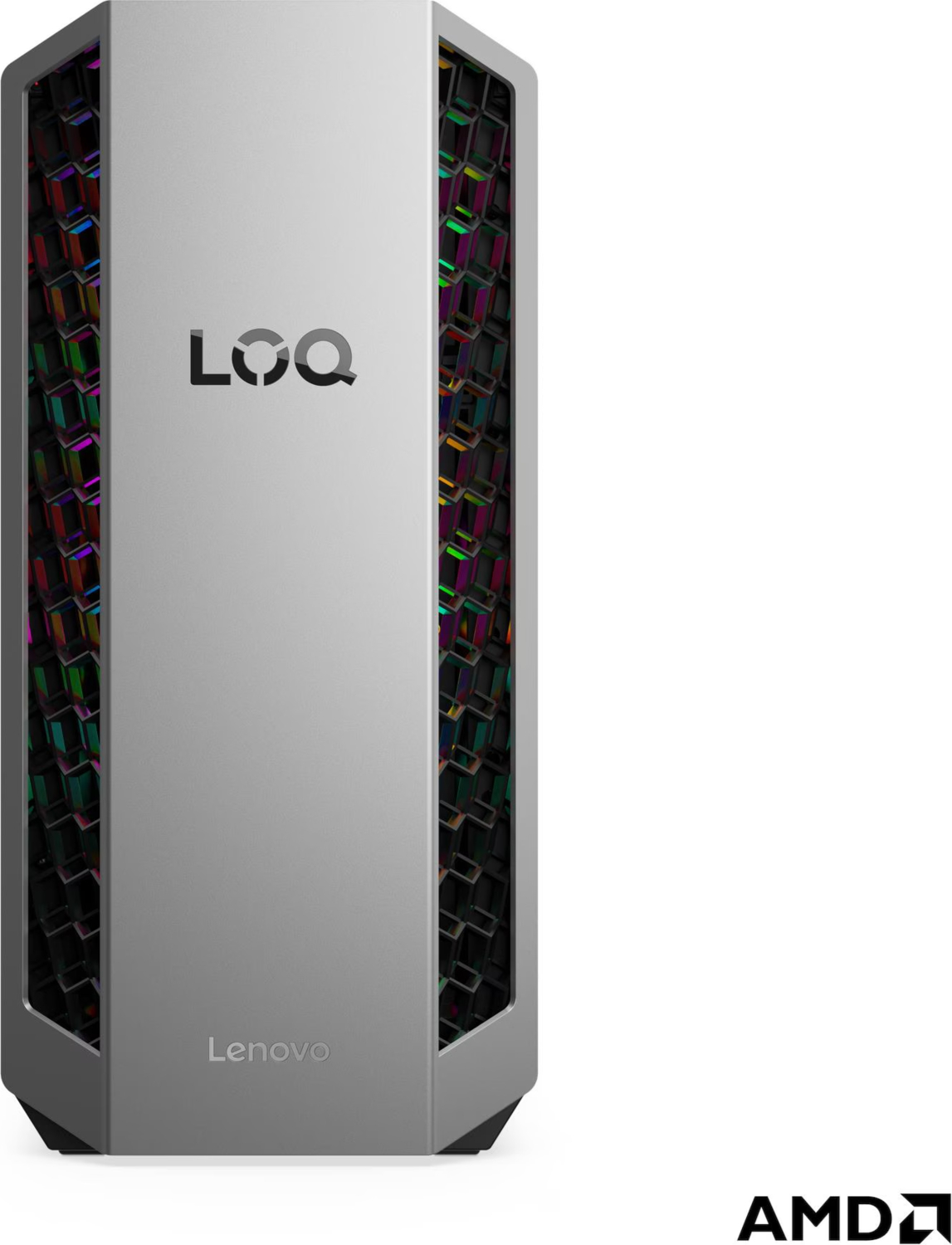 Gümüş rengi Lenovo oyuncu bilgisayarı, fileli havalandırma ve renkli aydınlatmalı.