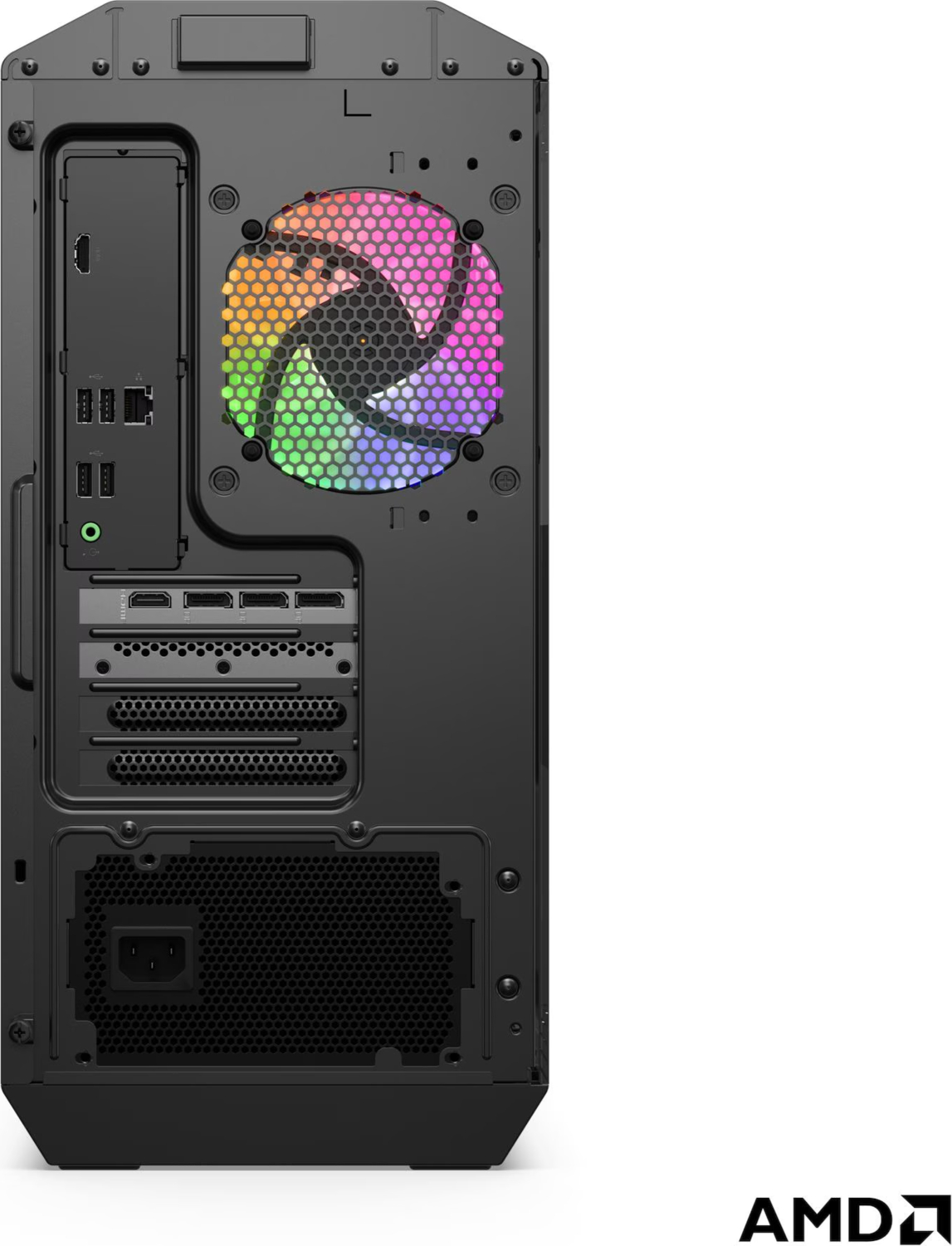 Renkli fan ve portlara sahip siyah PC kasasının arkası.