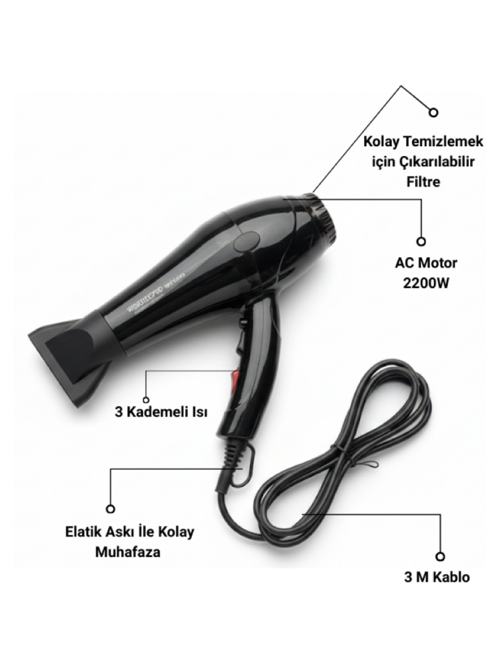 Siyah saç kurutma makinesi, kablolu, 3 ısı ayarı, AC motor 2200W.