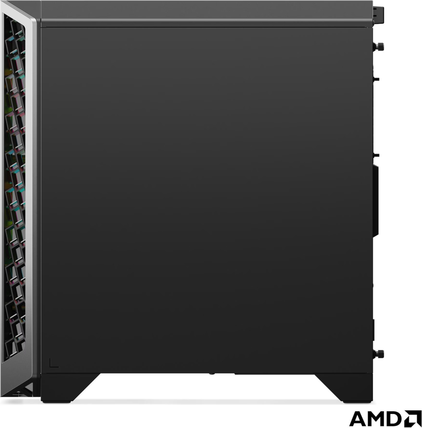 Havalandırmalı ön panele ve AMD logosuna sahip siyah bilgisayar kasası.