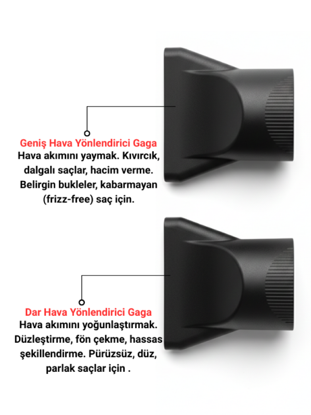 İki siyah saç kurutma makinesi başlığı: geniş hacim için, dar düzleştirme için.