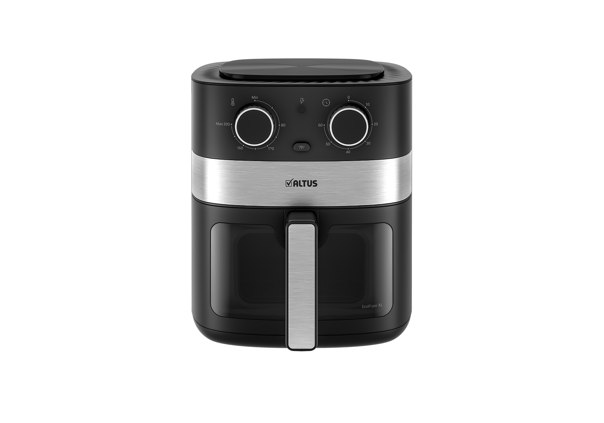 Gümüş vurgulu, iki kumandalı siyah airfryer.
