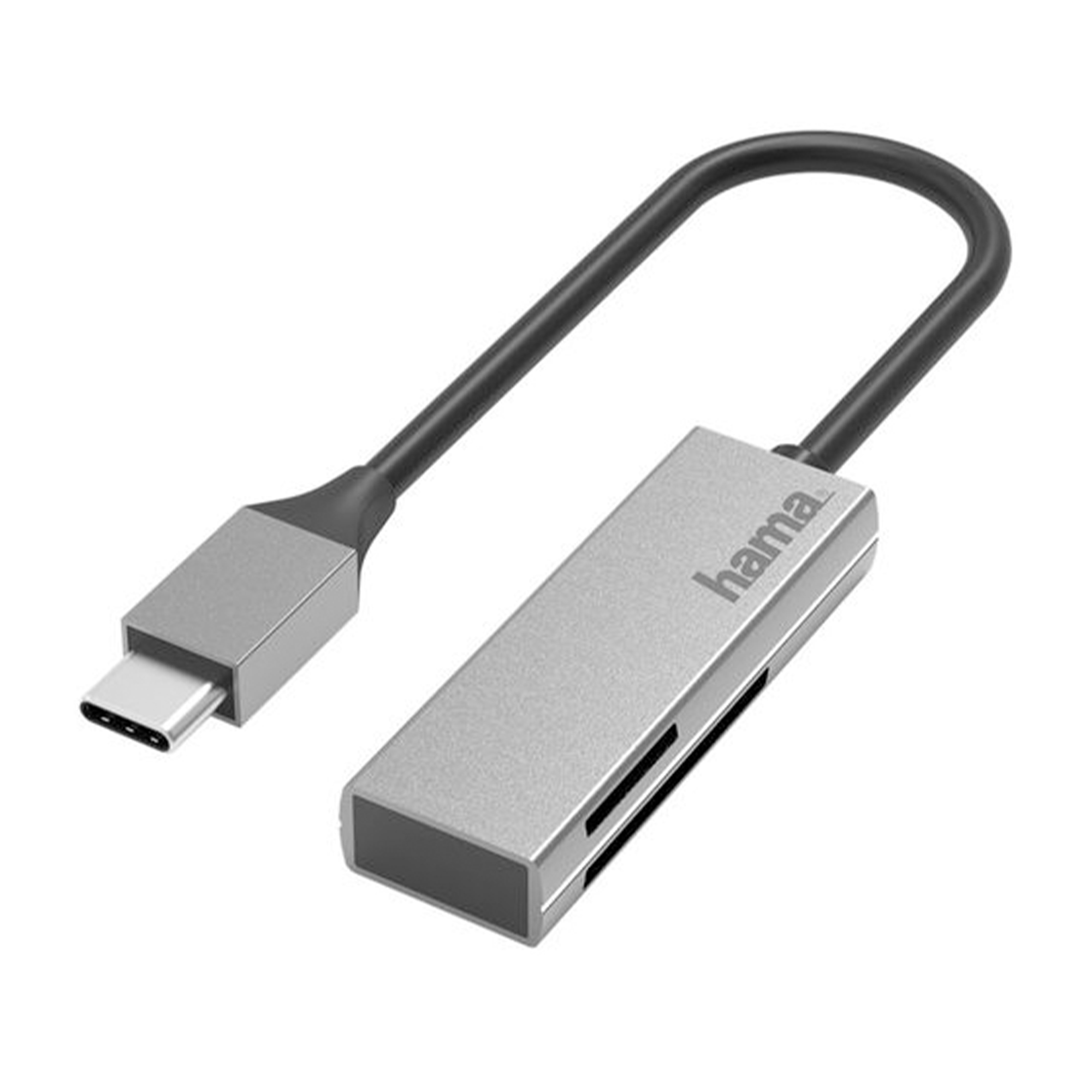 Lettore di schede Hama USB-C argentato con cavo e connettore neri.