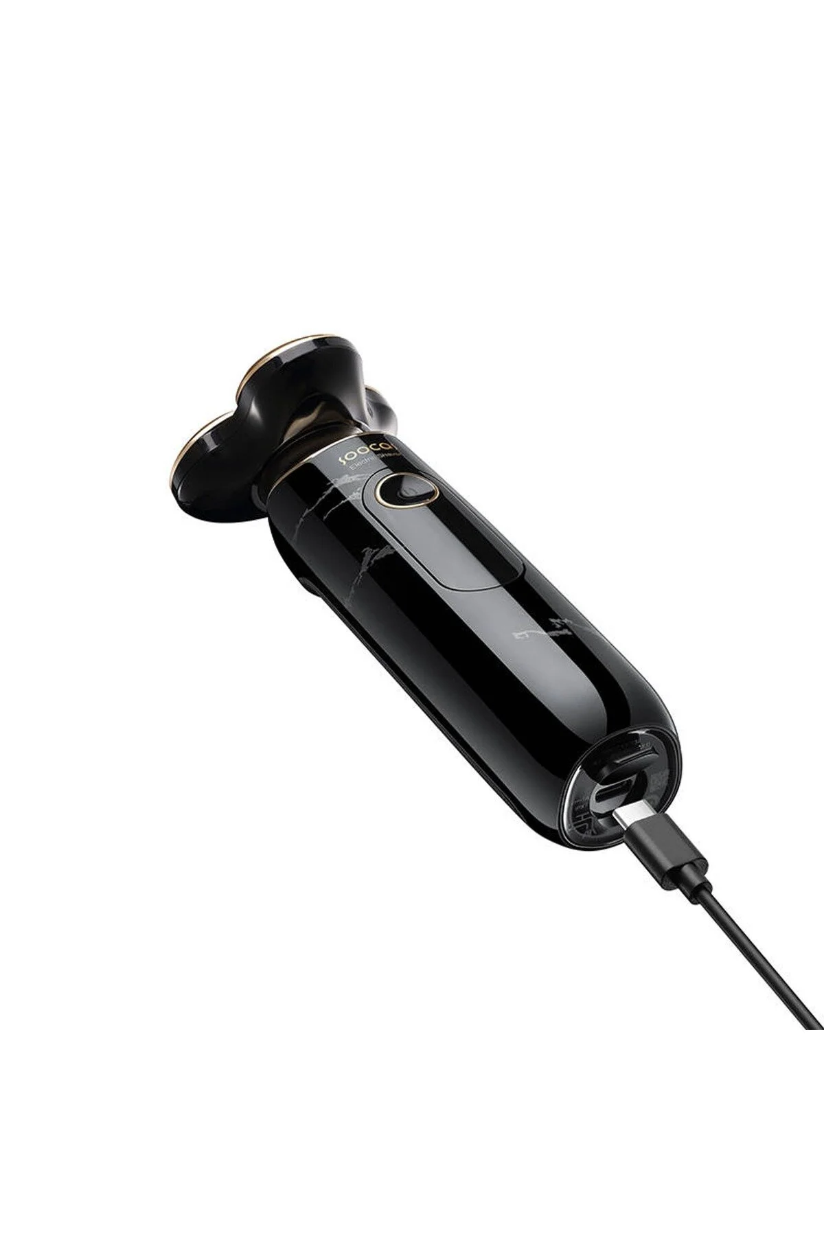 USB-C şarj kablosu olan siyah elektrikli tıraş makinesi, beyaz zeminde.