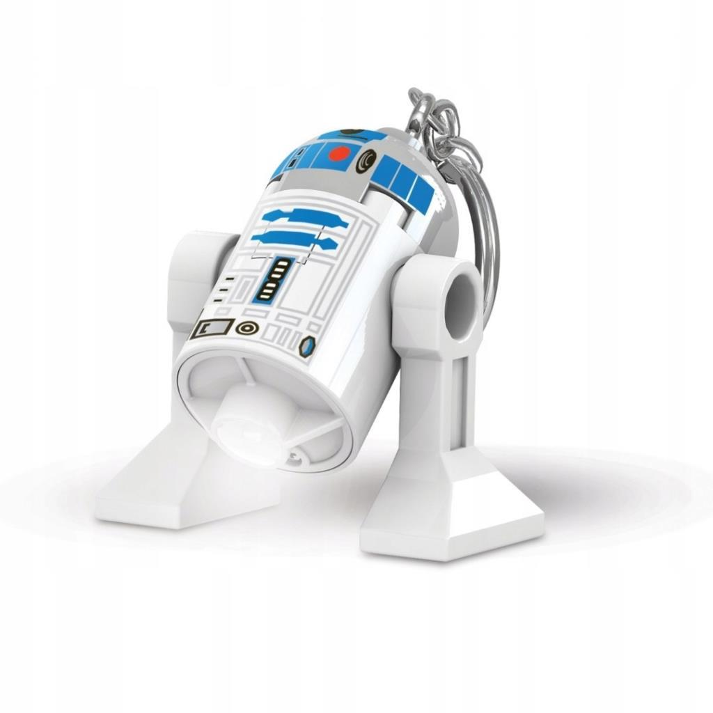 Un llavero blanco de R2-D2 con detalles azules sobre fondo blanco.