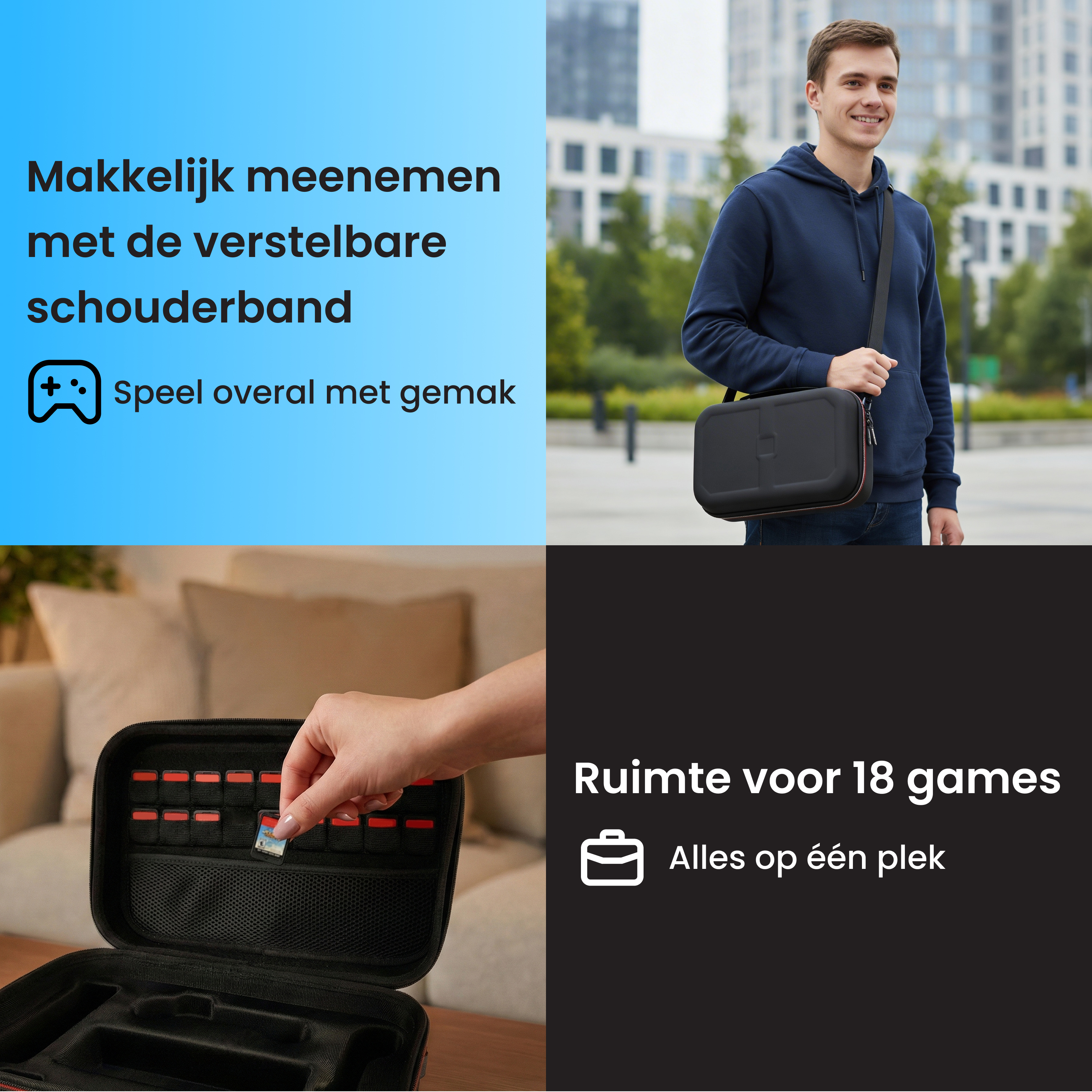 Mann mit Tasche, Person legt Spiel ein, Tasche mit 18 Spielen.