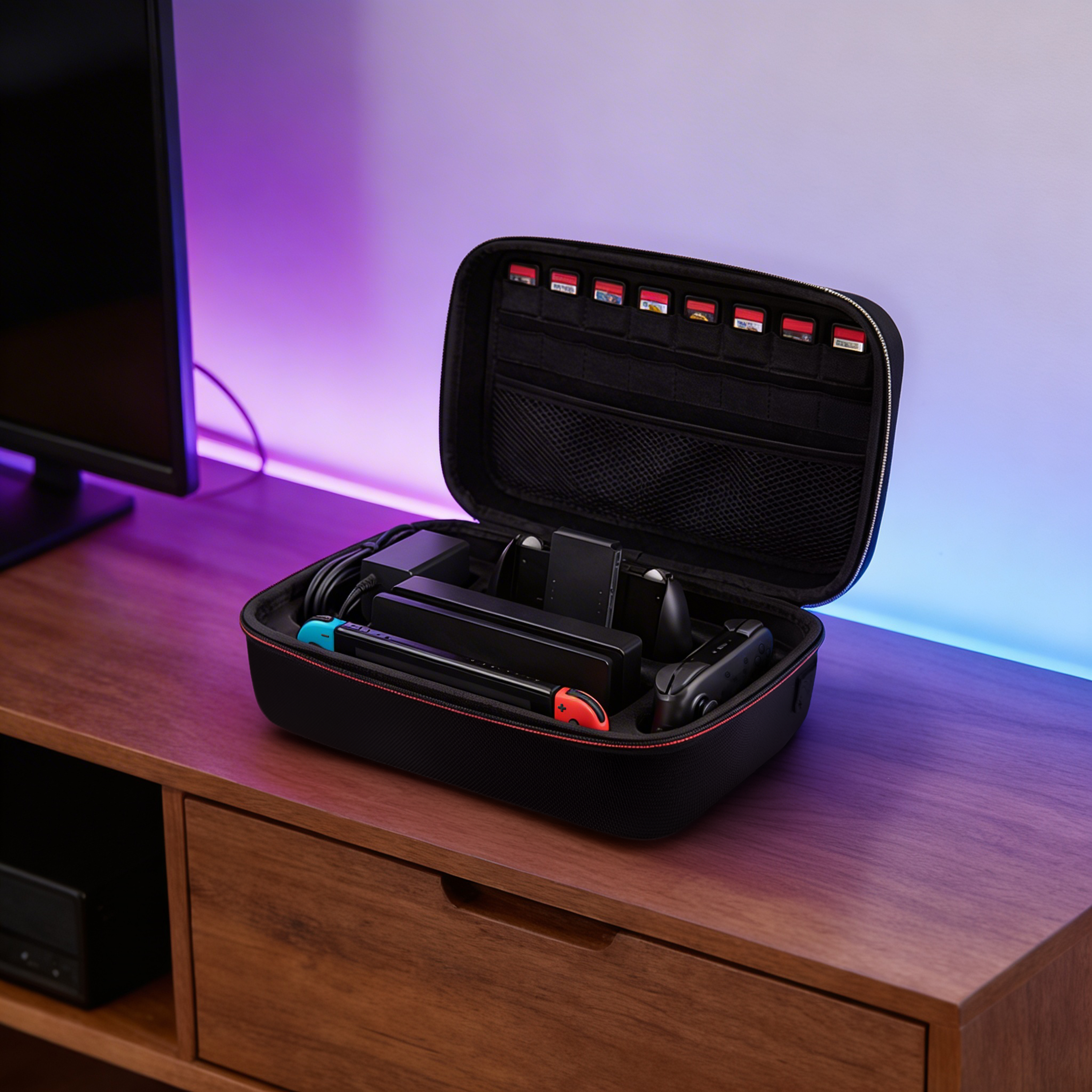 Ein geöffnetes schwarzes Nintendo Switch-Etui mit Zubehör. Kartenfächer oben.