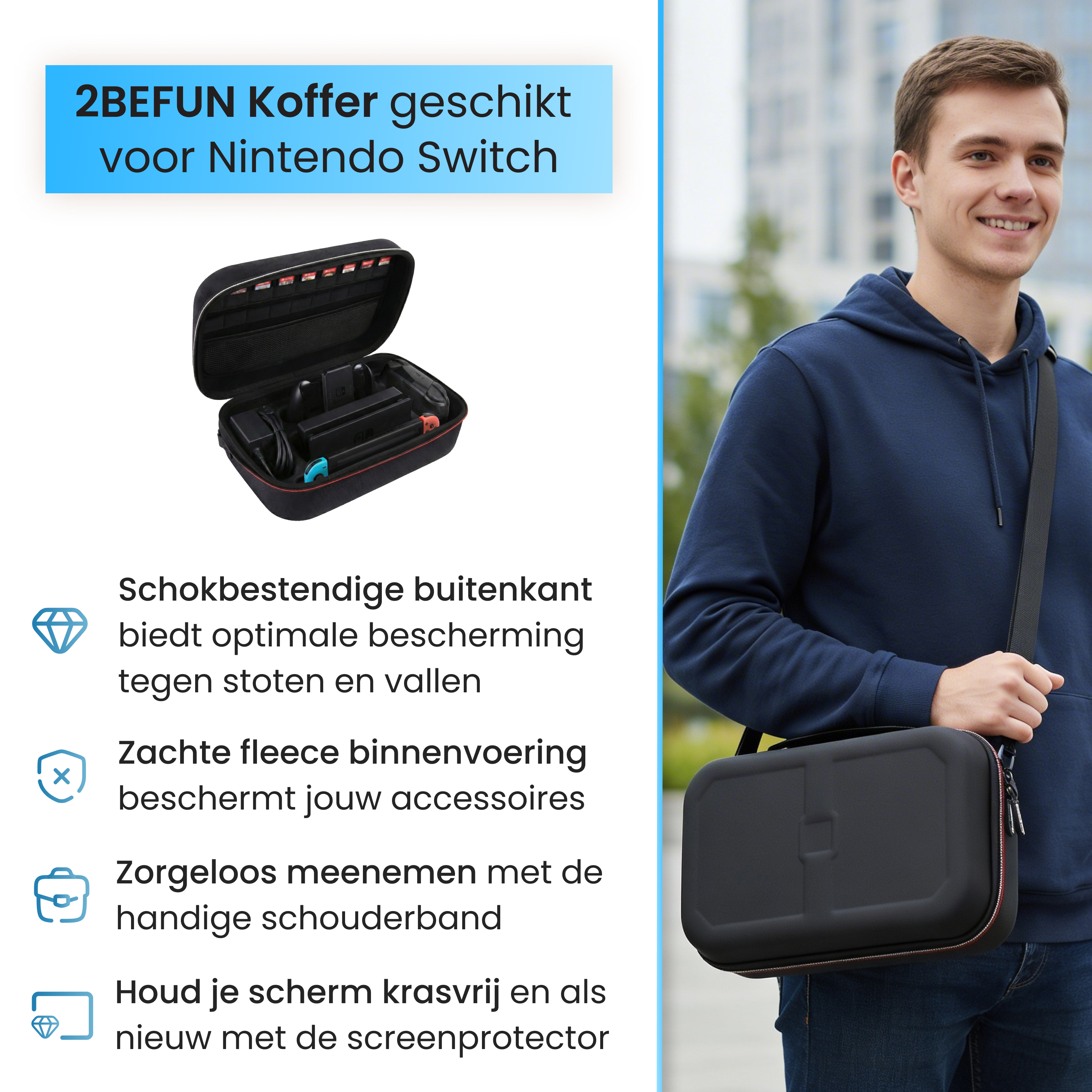 Ein Mann trägt eine schwarze Nintendo Switch-Tasche mit blauem
Schriftzug.