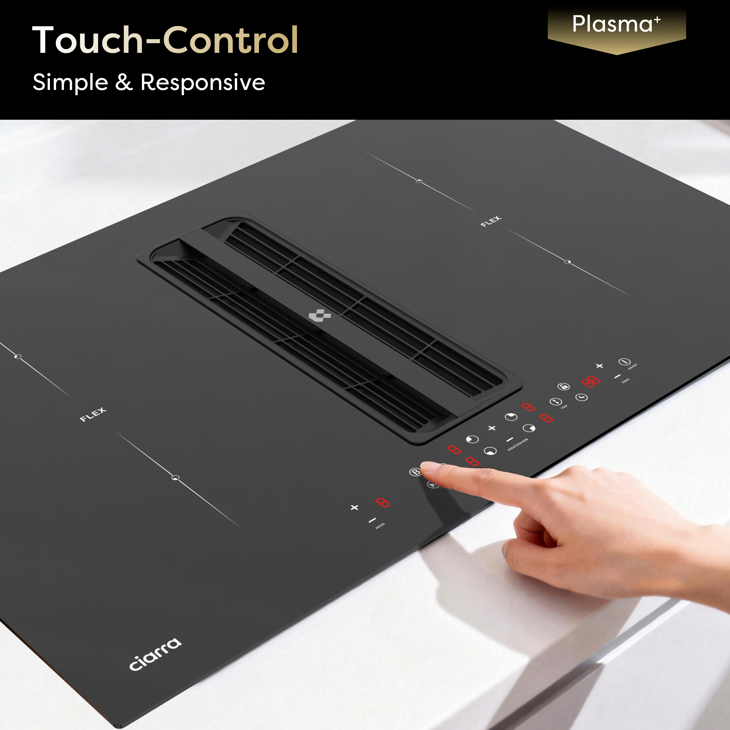 Placa de inducción negra con controles táctiles y ventilación integrada.
