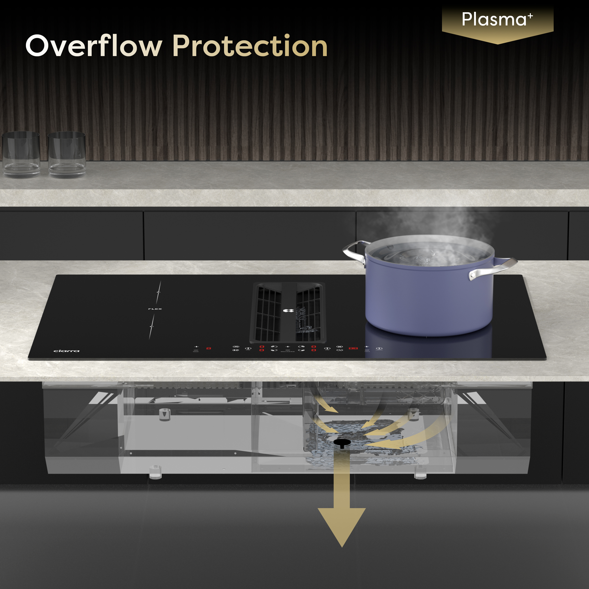 Una placa de cocina con protección contra desbordamiento y una olla azul con agua hirviendo.