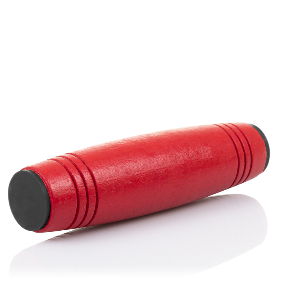 Un trompo de madera rojo con extremos negros y ranuras.