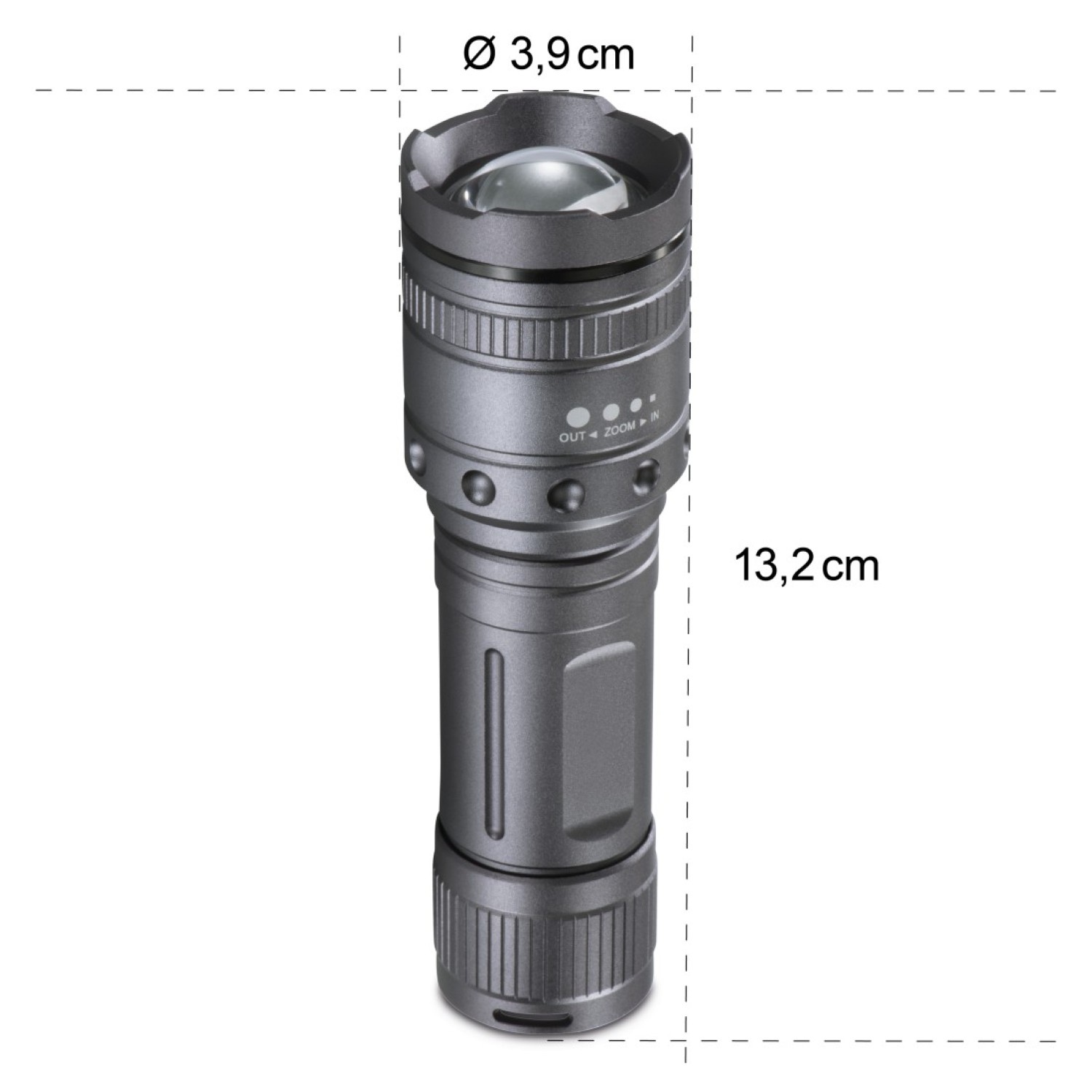 Torcia grigia con zoom, lunga 13,2 cm, diametro 3,9 cm.