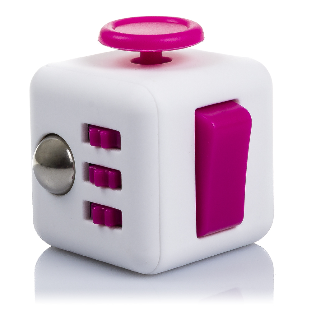 Cubo antiestrés blanco con botones y joystick rosas.