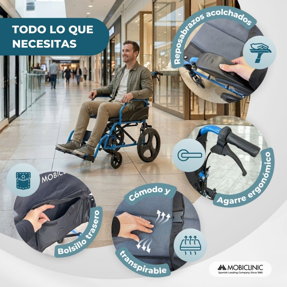Un hombre en silla de ruedas azul en un centro comercial. Detalles: acolchado, bolsillo, agarre.